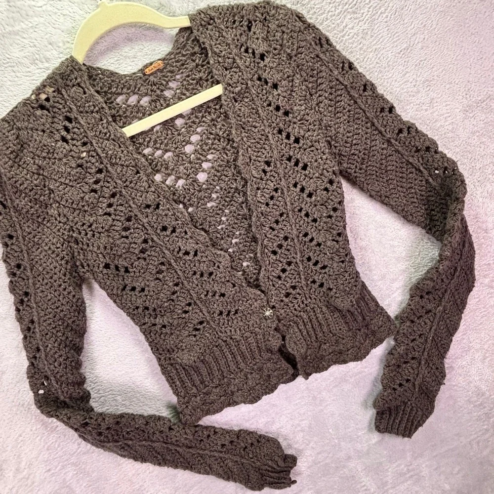 Free People Womens Cardigan XS Brown Crochet Open Knit Pointelle Boho Sweater